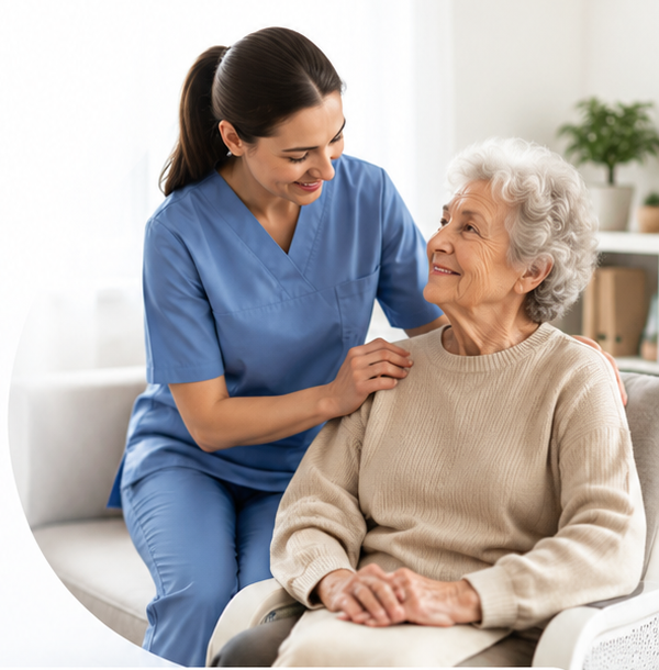 Professionnelle de santé accompagnant une patiente à domicile